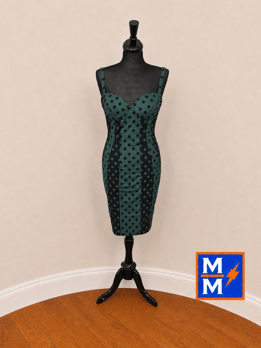 Kardashian Kollection Deep Teal Polka Dot Bodycon Dress M Retro Pinup